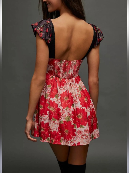 Free People Dresses & Skirts - Free People Aurora Dress Red Floral A-line Mini Babydoll Puff Sleeves Size: XL